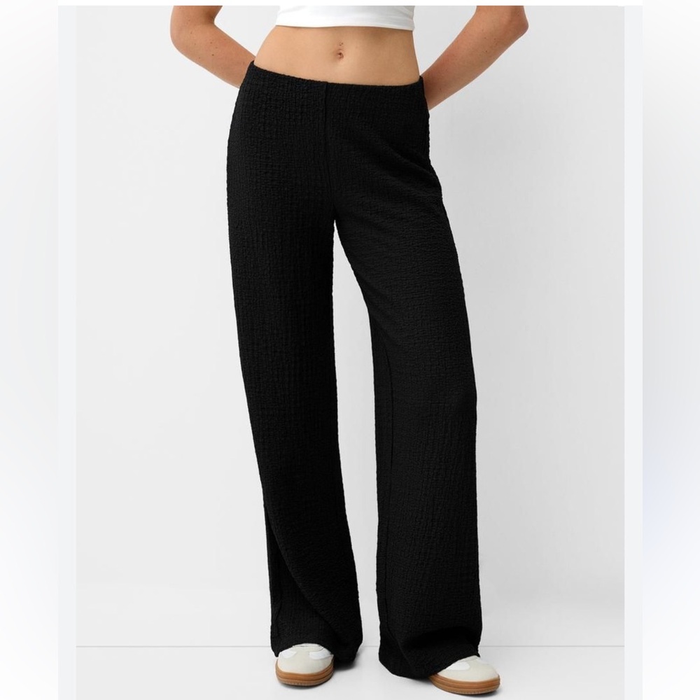 Bershka Black Wide-Leg Textured Pants
